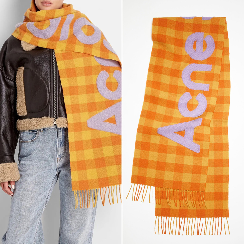 NWT $420 Acne Studios Veda Checked Wool Big Logo Scarf 80"x37" Orange Purple